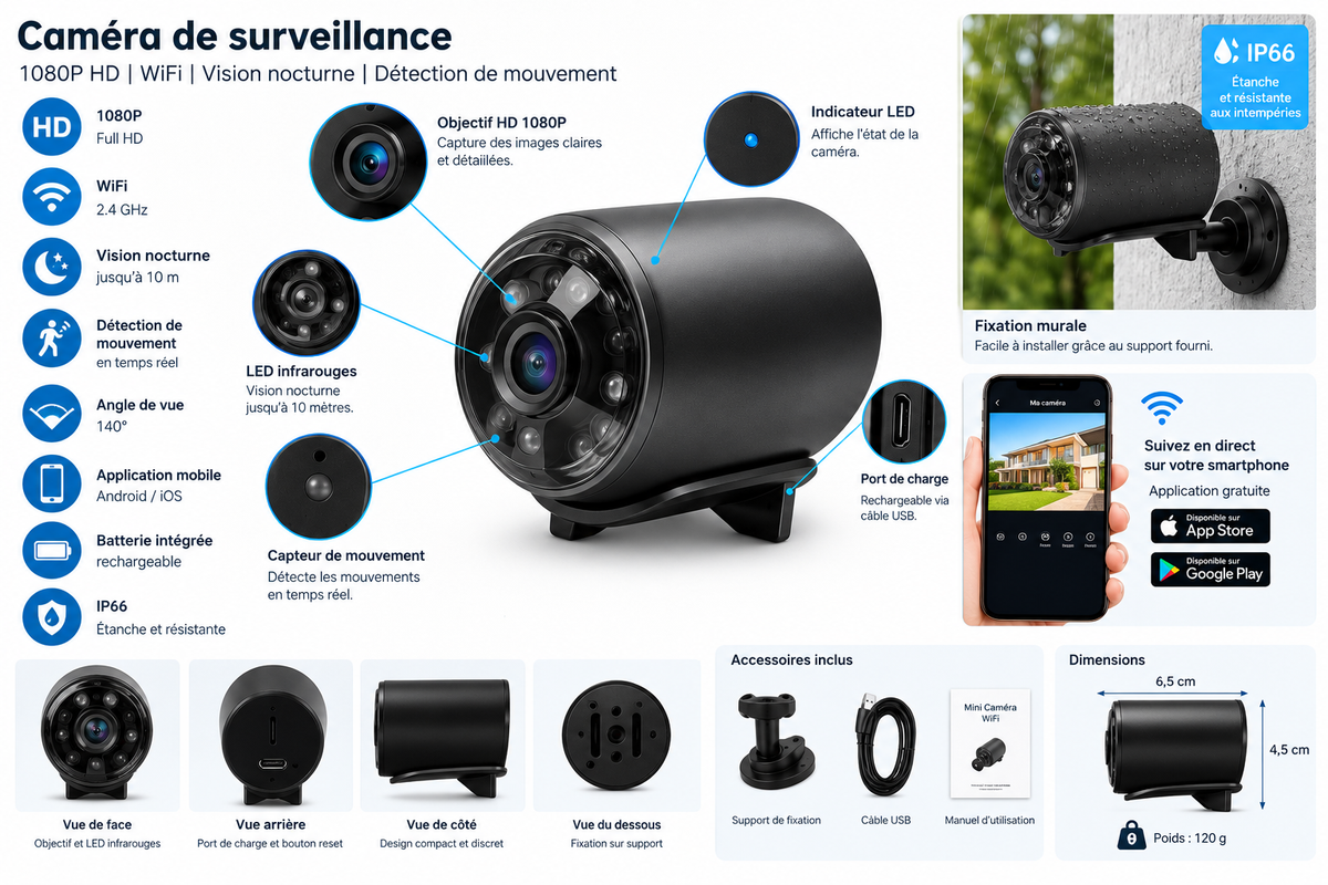 Mini Caméra de Surveillance 1080P WiFi – Vision Nocturne et Détection de Mouvement