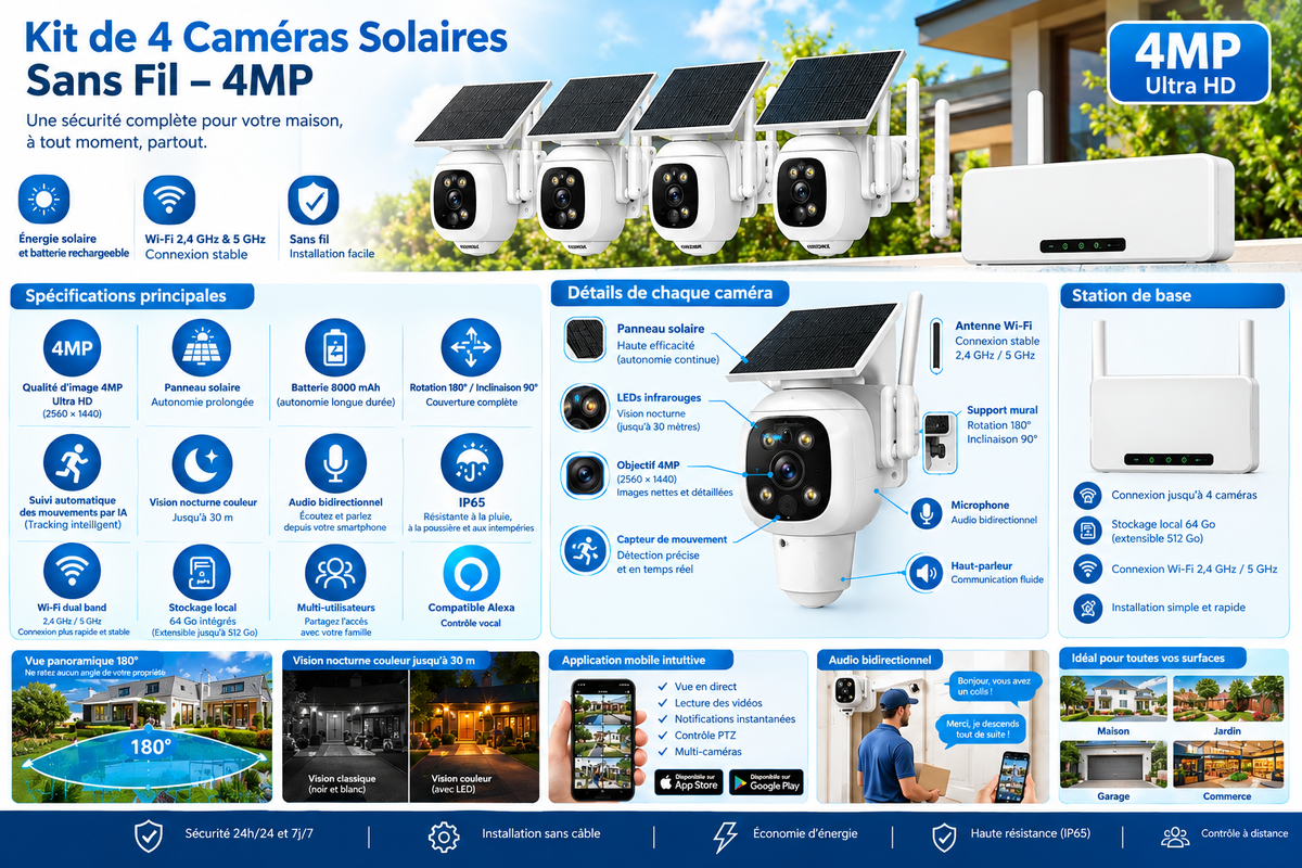 Kit de 4 Caméras Solaires Wi-Fi FOSSENXE 4MP – PTZ 360°, Suivi Automatique et Compatible Alexa