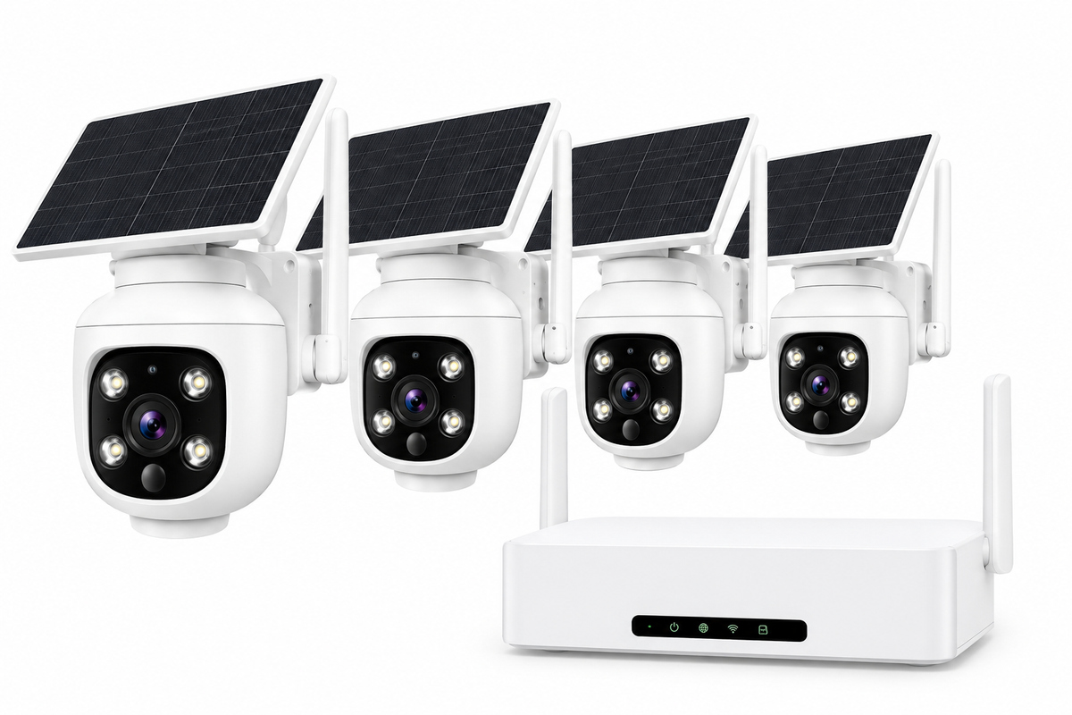 Kit de 4 Caméras Solaires Wi-Fi FOSSENXE 4MP – PTZ 360°, Suivi Automatique et Compatible Alexa