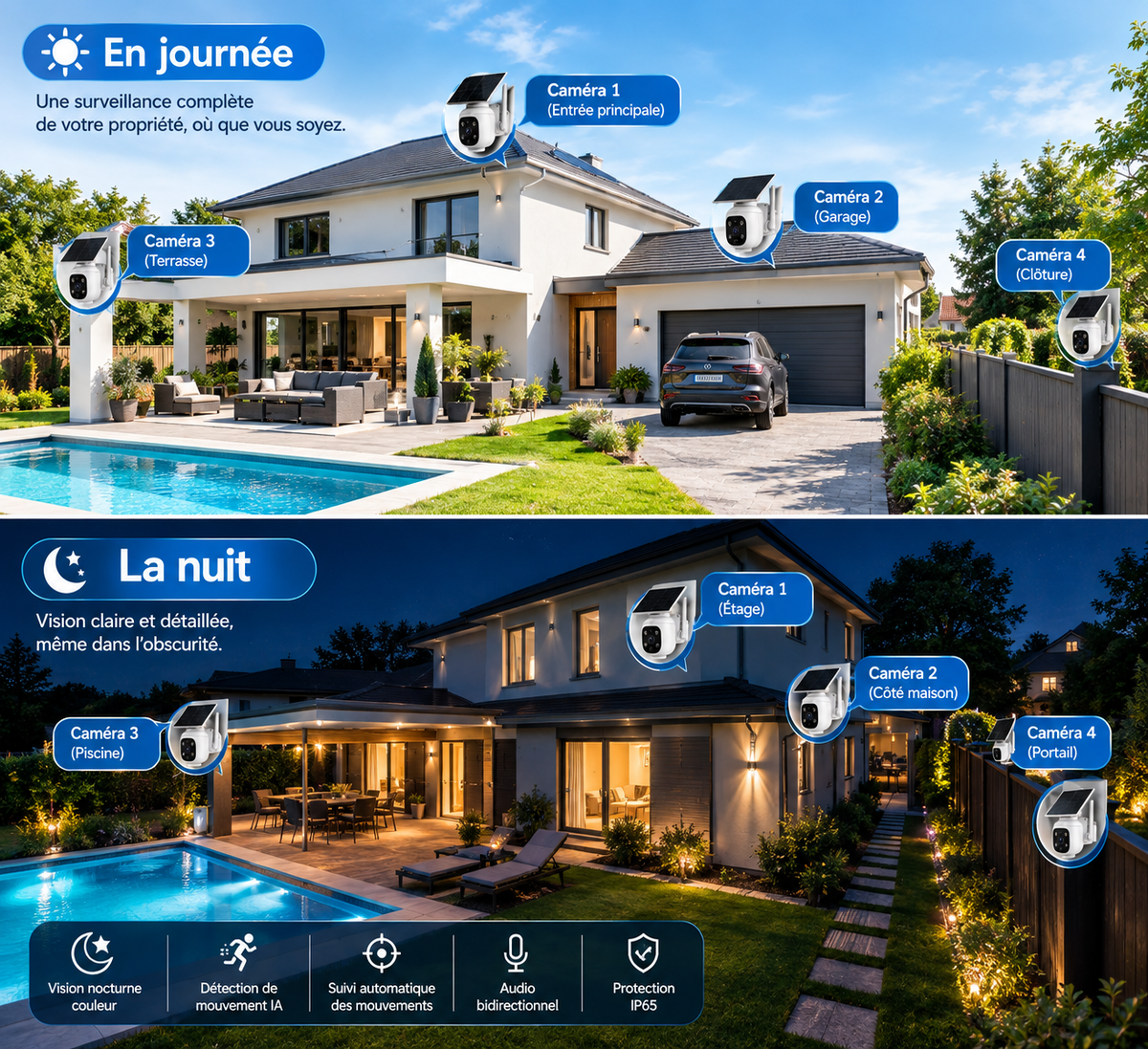 Kit de 4 Caméras Solaires Wi-Fi FOSSENXE 4MP – PTZ 360°, Suivi Automatique et Compatible Alexa