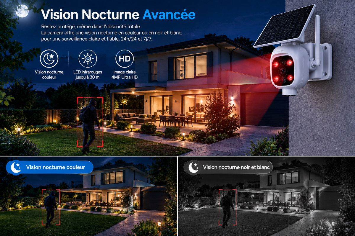 Kit de 4 Caméras Solaires Wi-Fi FOSSENXE 4MP – PTZ 360°, Suivi Automatique et Compatible Alexa