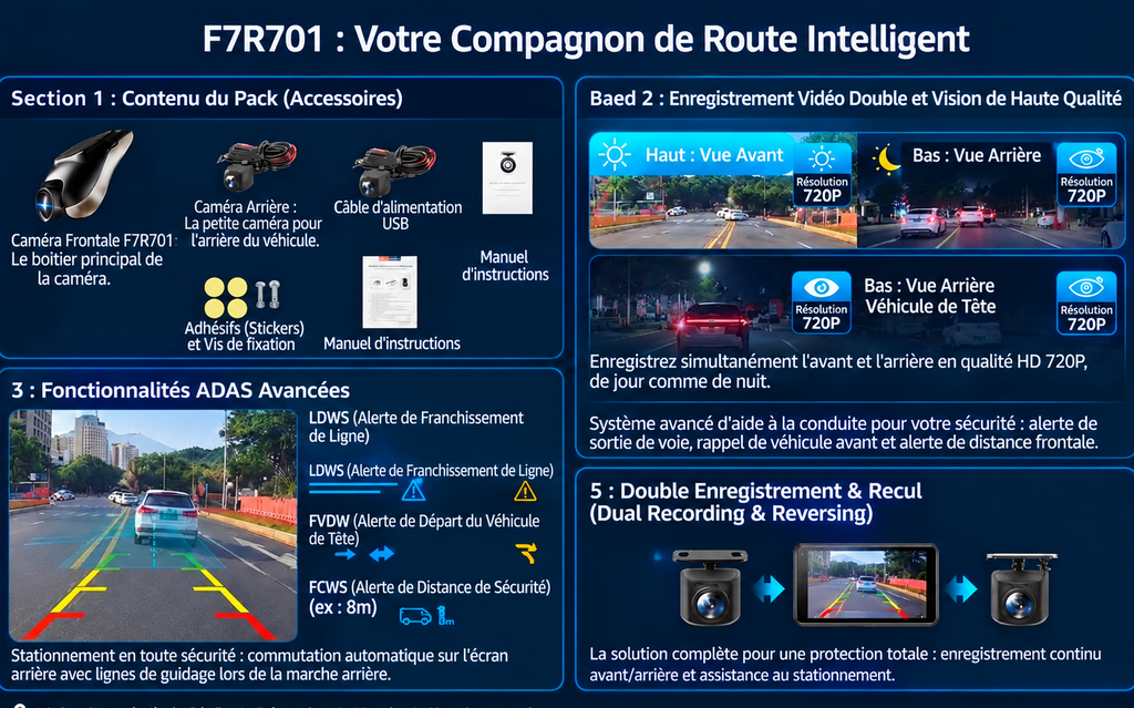 Dashcam voiture 1080P avec ADAS, angle de vision 120° et mode parking