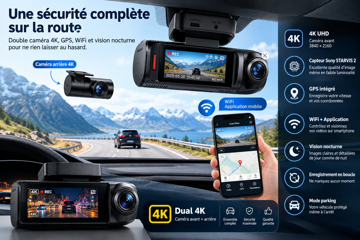 Dashcam E-ACE 4K avec double caméra avant et arrière, WiFi, GPS et vision nocturne