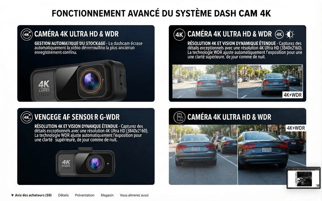 Dashcam Acceo 4K WiFi avec double caméra, GPS, caméra arrière 2,5K et vision nocturne