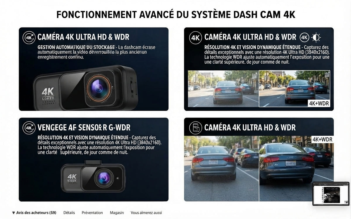 Dashcam Acceo 4K WiFi avec double caméra, GPS, caméra arrière 2,5K et vision nocturne