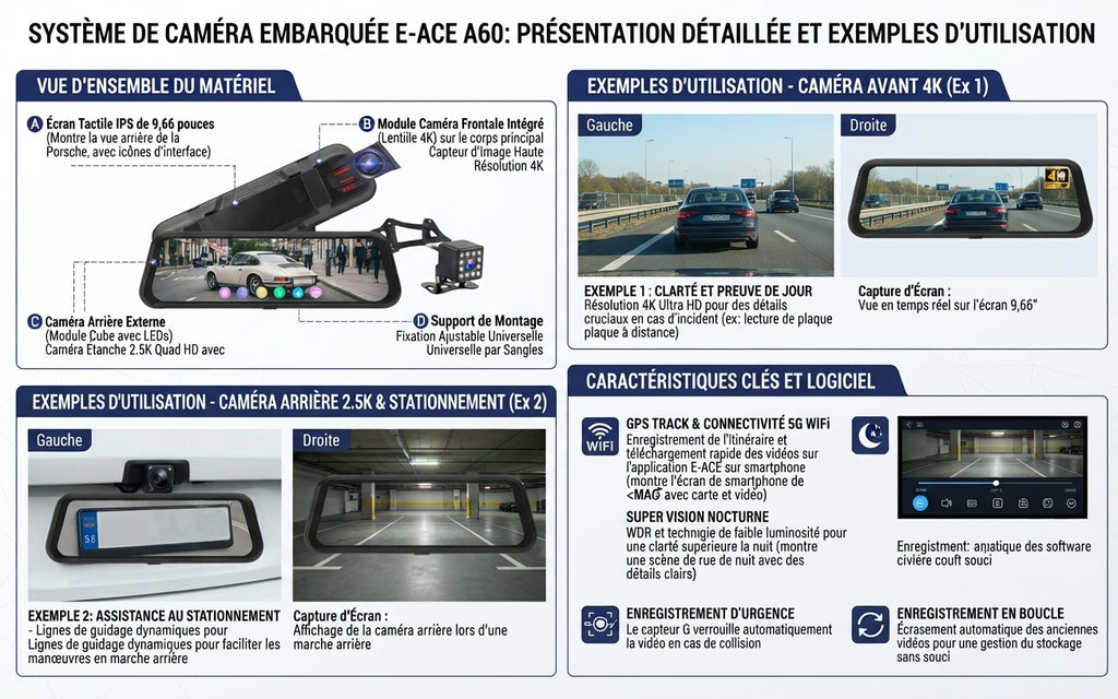 Dashcam E-ACE 4K avec écran miroir 9,66", caméra arrière 2,5K, WiFi, GPS et écran tactile