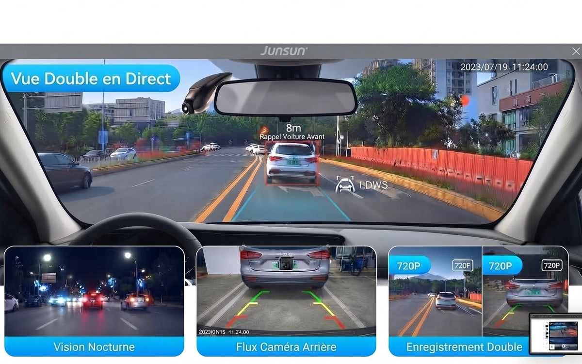 Dashcam voiture 1080P avec ADAS, angle de vision 120° et mode parking