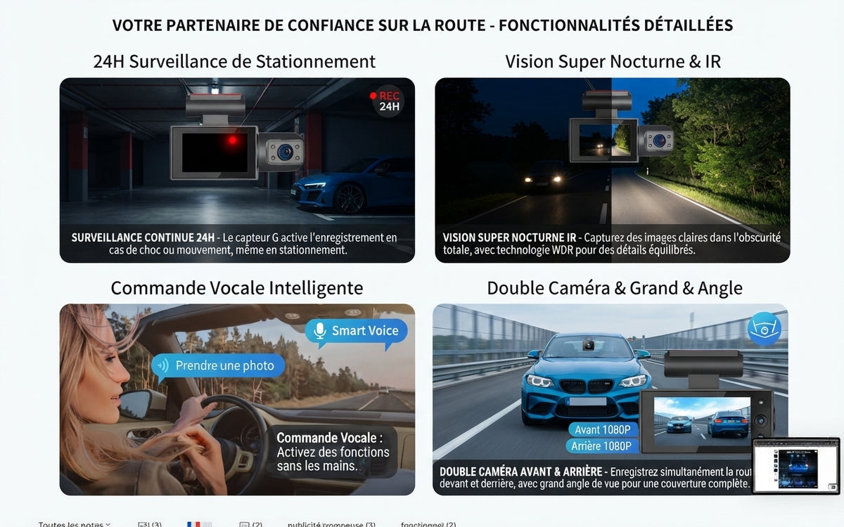 Dashcam double caméra avant et arrière avec écran 3", carte SD 32 Go et vision nocturne