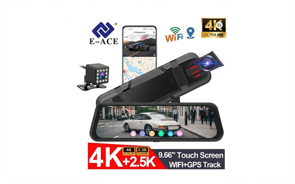 Dashcam E-ACE 4K avec écran miroir 9,66", caméra arrière 2,5K, WiFi, GPS et écran tactile