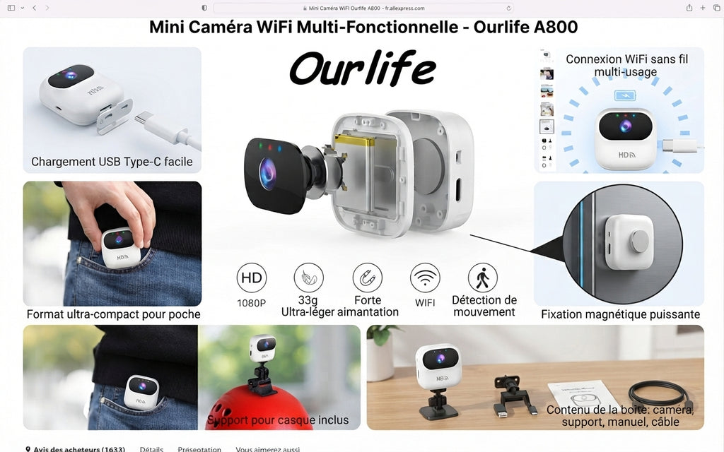 Mini Caméra de Surveillance Ourlife A800 1080P WiFi – Suivi de Mouvement et Vision Intelligente