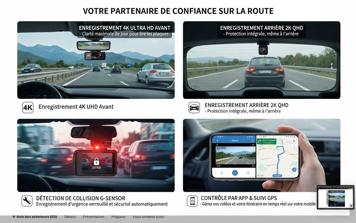 Dashcam Acceo 4K WiFi avec double caméra, GPS, caméra arrière 2,5K et vision nocturne