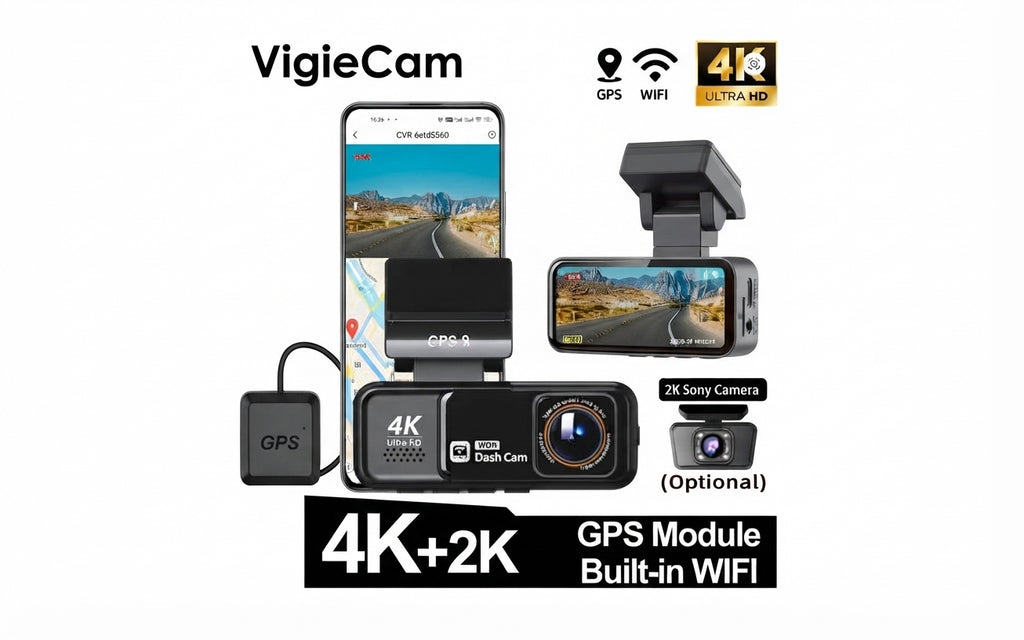 Dashcam Acceo 4K WiFi avec double caméra, GPS, caméra arrière 2,5K et vision nocturne