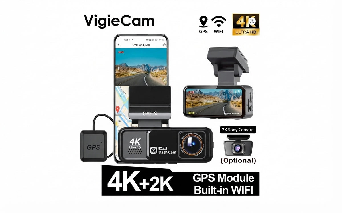 Dashcam Acceo 4K WiFi avec double caméra, GPS, caméra arrière 2,5K et vision nocturne