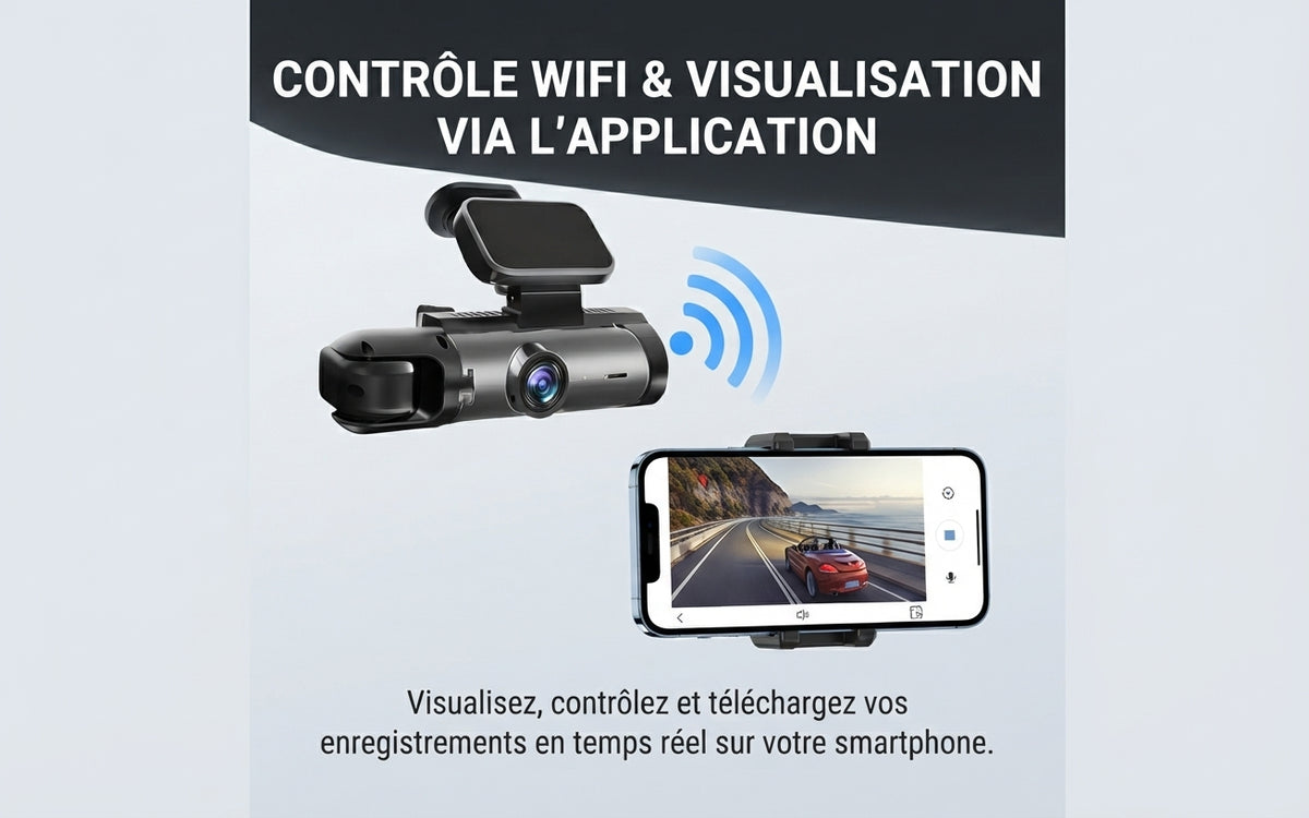 Dashcam double caméra 1080P WiFi avec vision nocturne IR, caméra avant et intérieure