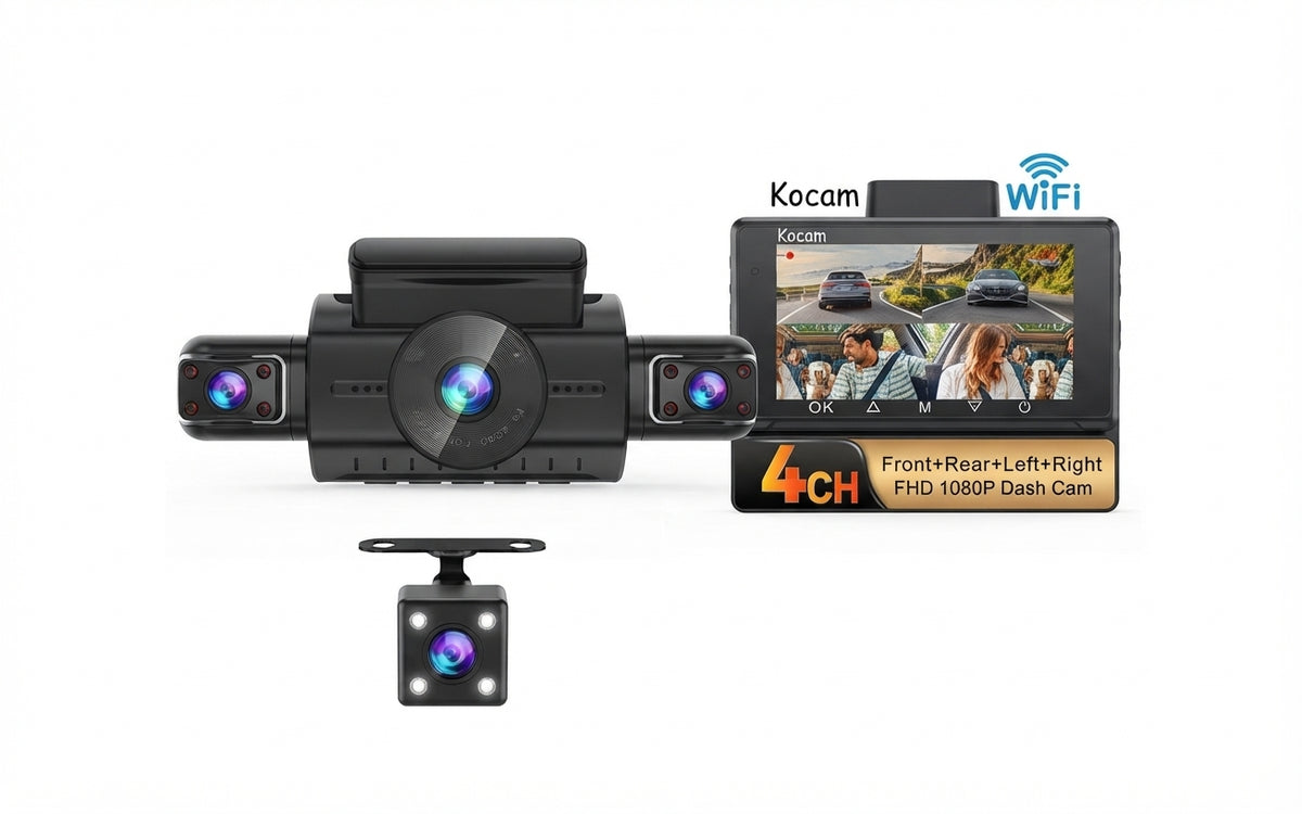 Dashcam 4 canaux Full HD 1080P avec WiFi, vision nocturne et mode parking 24 h