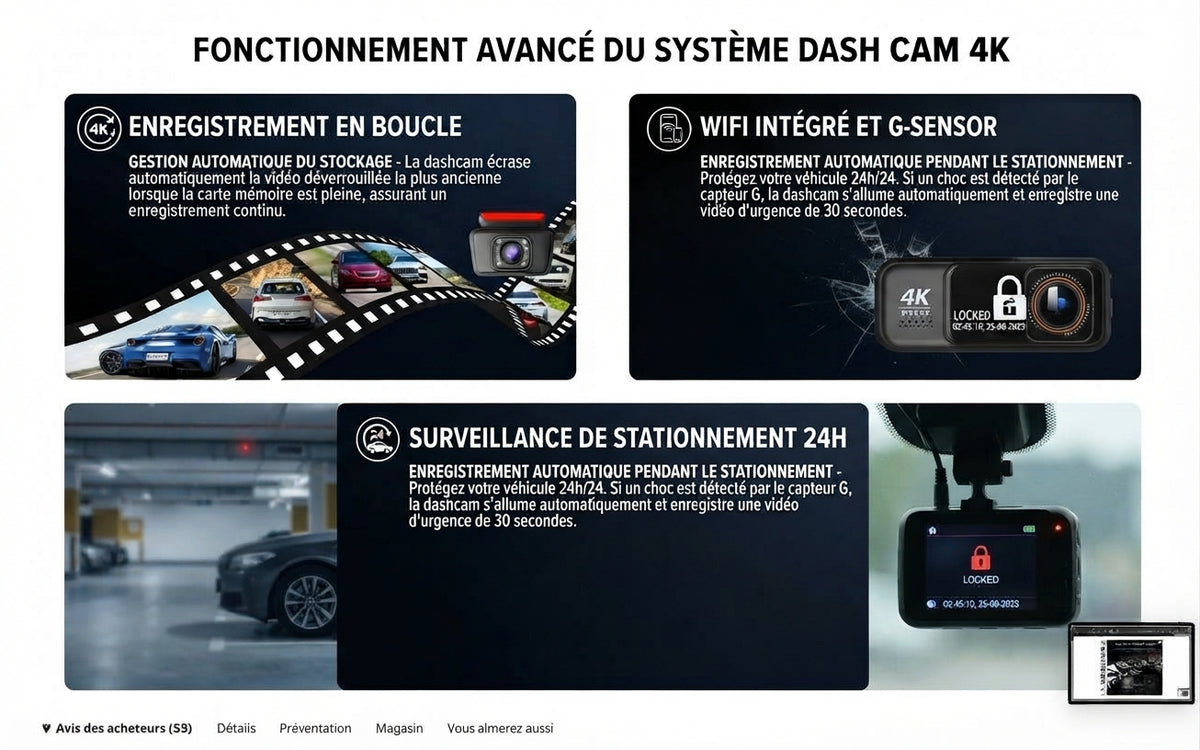 Dashcam Acceo 4K WiFi avec double caméra, GPS, caméra arrière 2,5K et vision nocturne
