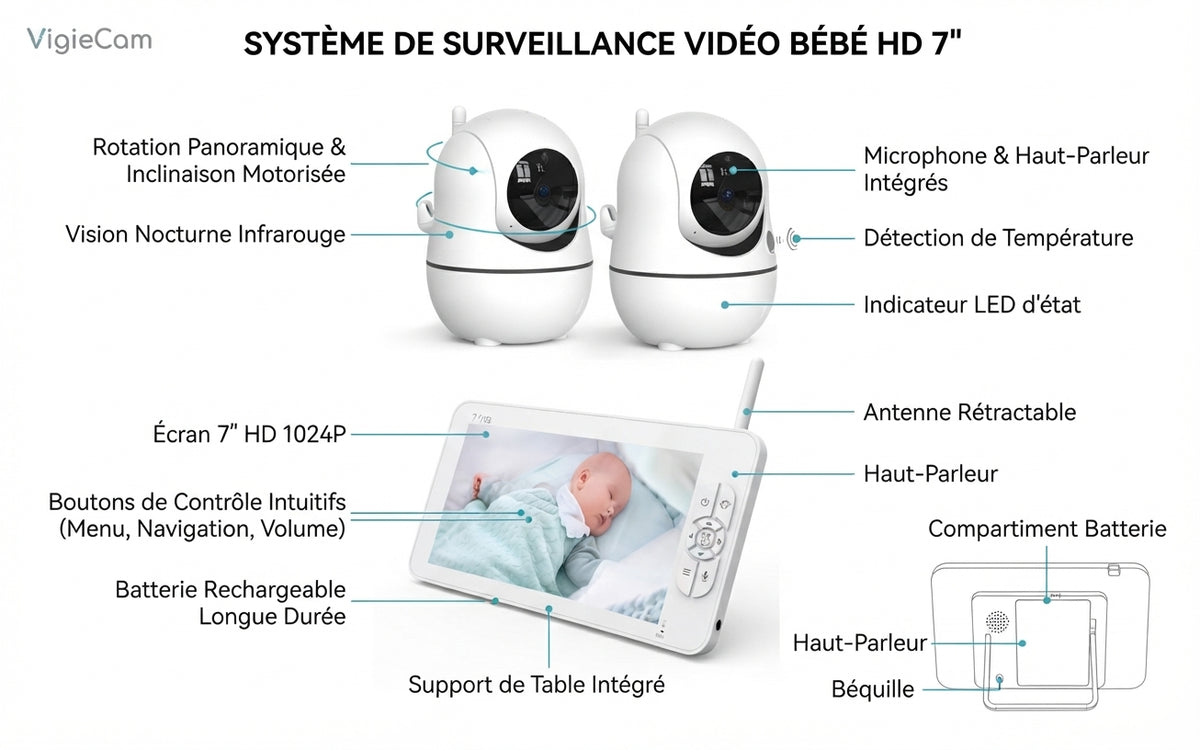 Moniteur Vidéo Bébé 1080P HD SM70V2 – Écran Divisé, Zoom et Caméra PTZ, Sans Wi-Fi