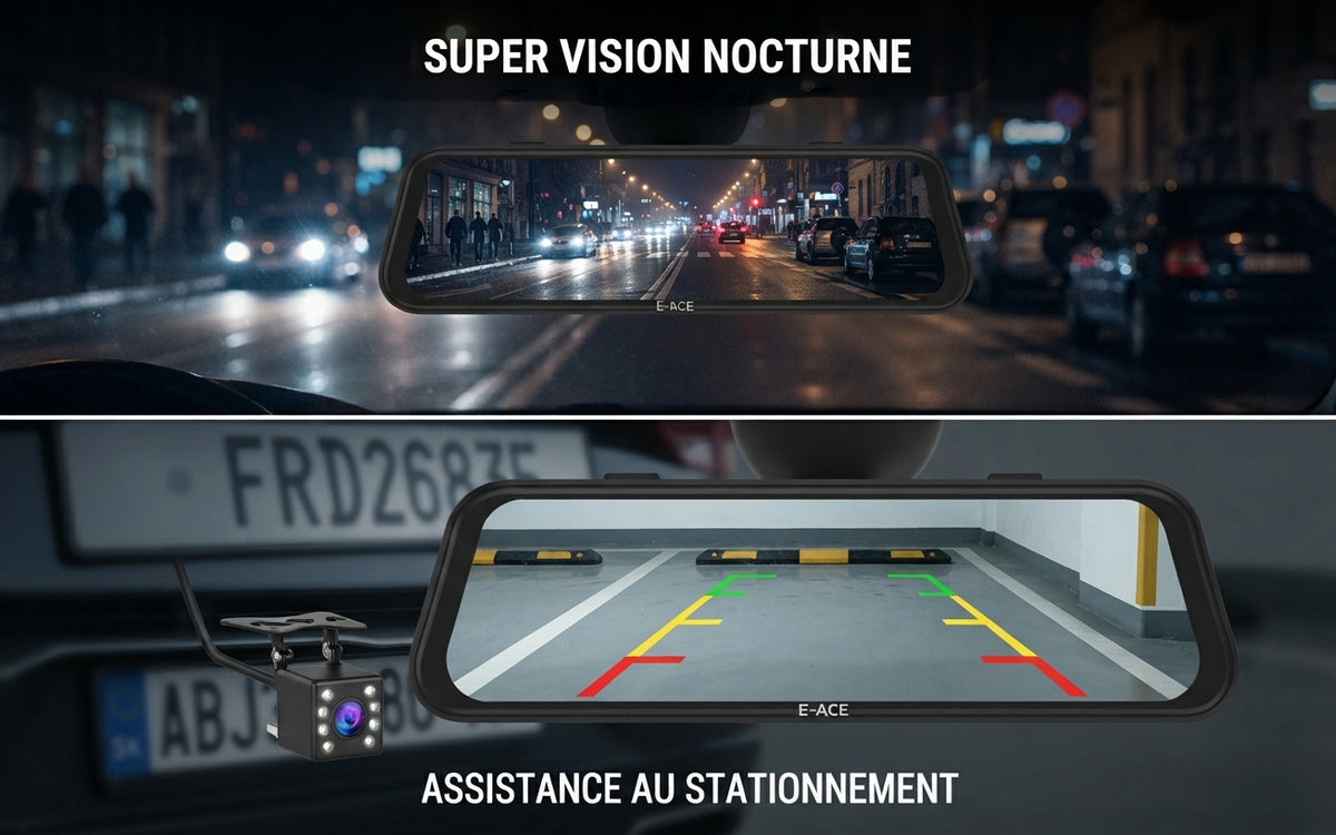 Dashcam E-ACE 4K avec écran miroir 9,66", caméra arrière 2,5K, WiFi, GPS et écran tactile