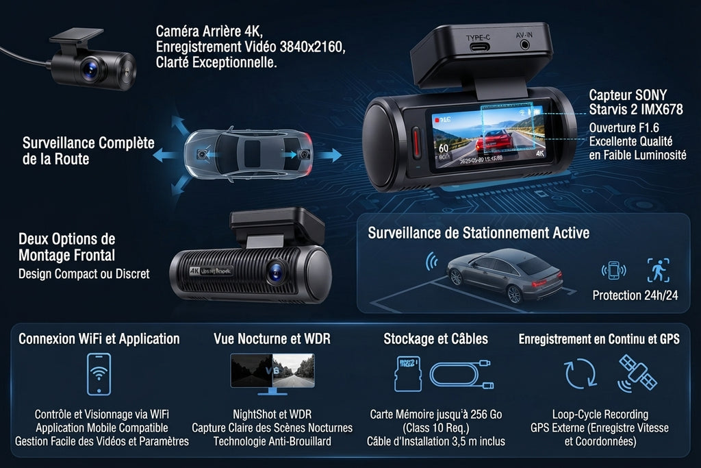 Dashcam E-ACE 4K avec double caméra avant et arrière, WiFi, GPS et vision nocturne