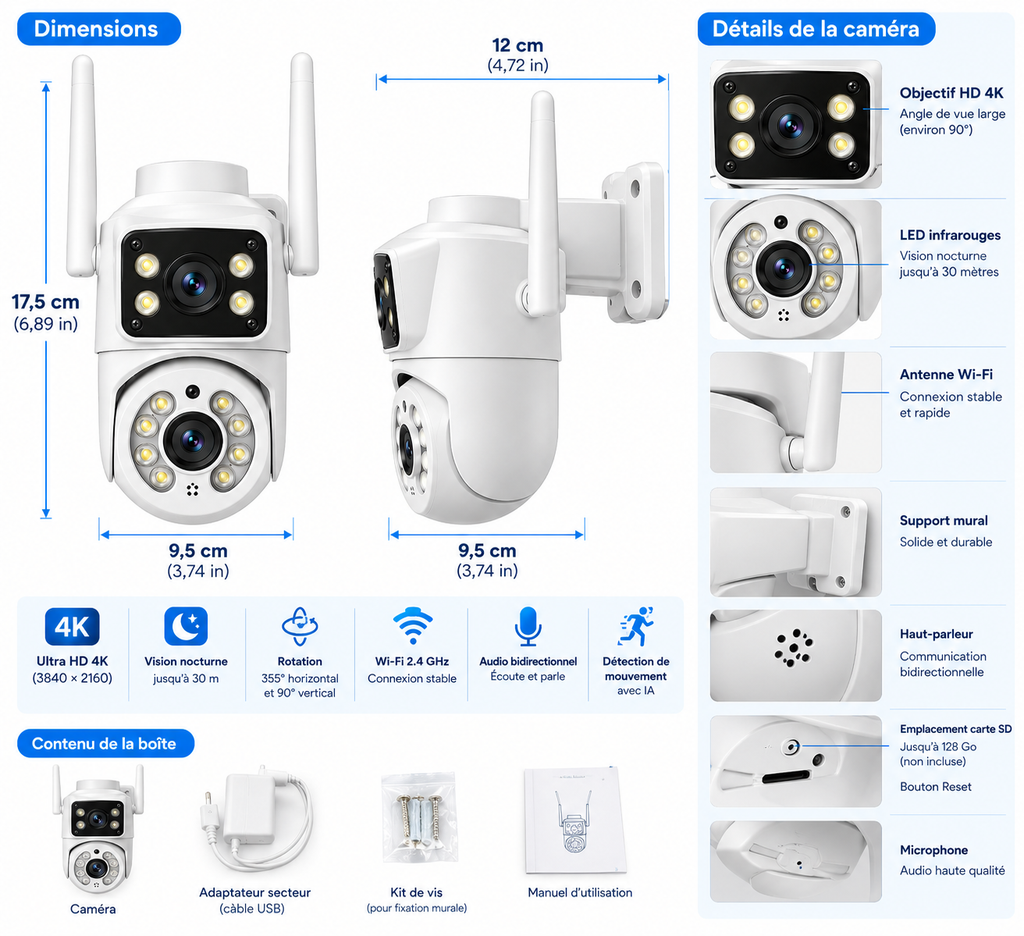 Caméra PTZ Extérieure WiFi 8MP 4K – IA, Suivi Automatique, Vision Nocturne, iCSee Autres variantes :