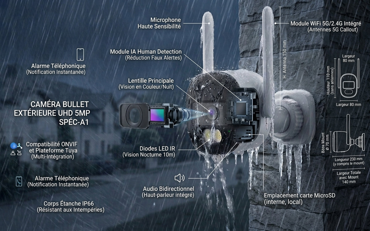 Caméra Bullet Extérieure 5MP – WiFi Tuya, Suivi Auto & Audio Bidirectionnel