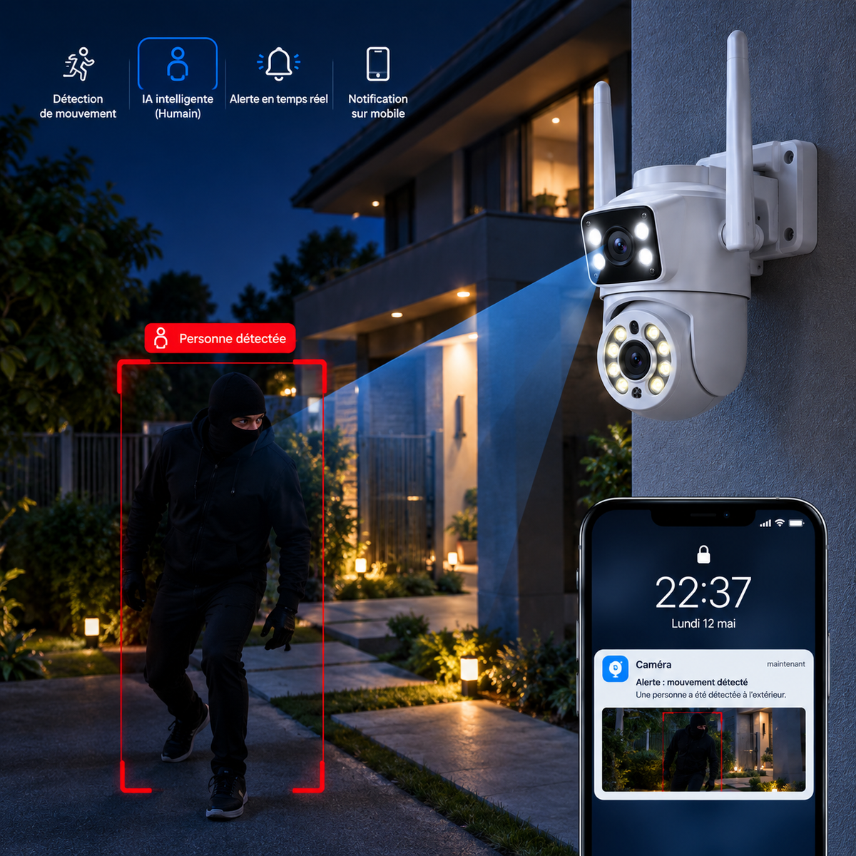 Caméra PTZ Extérieure WiFi 8MP 4K – IA, Suivi Automatique, Vision Nocturne, iCSee Autres variantes :